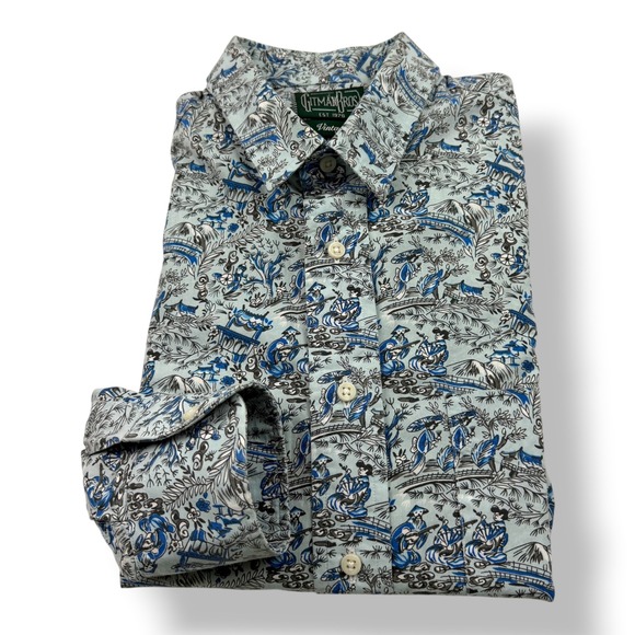 Gitman Bros Vintage Mens Medium Blue Cotton Linen Chinoiserie Print Shirt USA